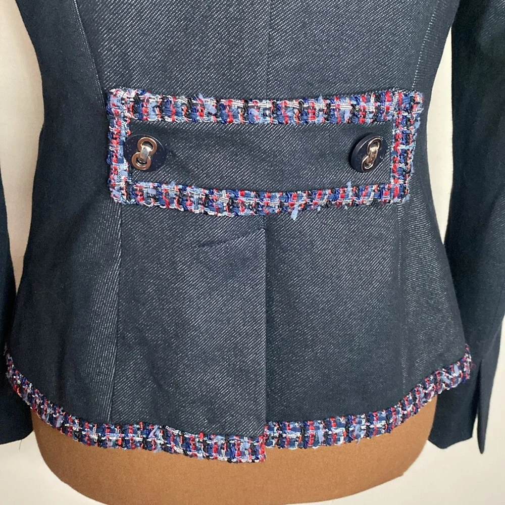 7th Avenue New York & Co denim like tweed ribbon trimmed tailored blazer size S